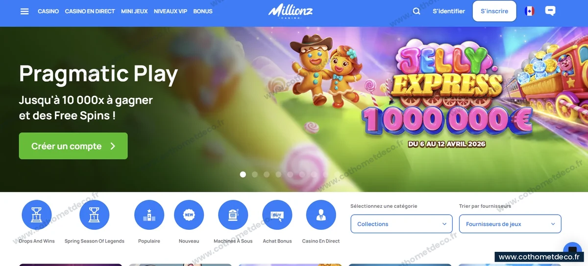 Page d'accueil de Millionz Casino avec les catégories de jeux