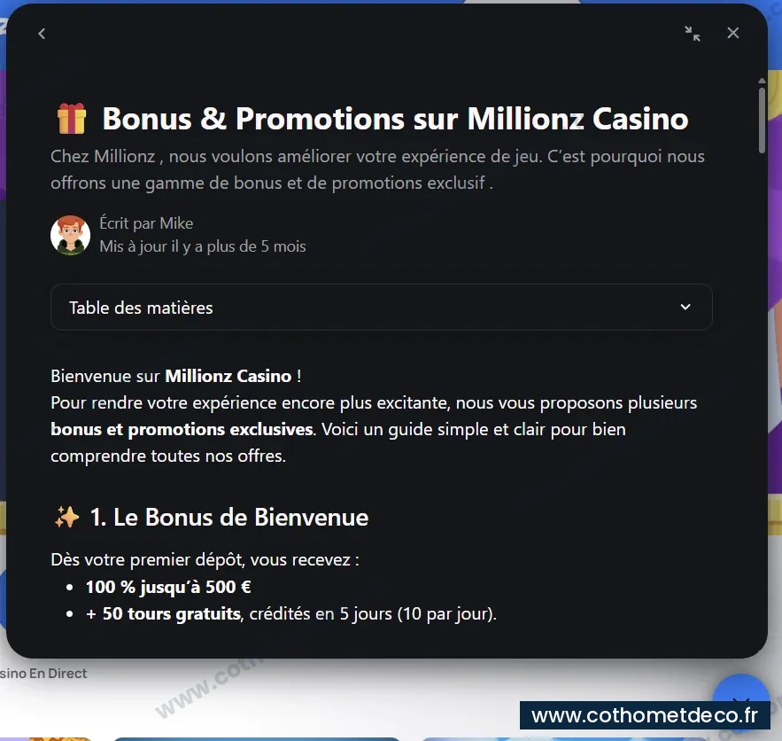 Page d'aide de Millionz détaillant le bonus de bienvenue